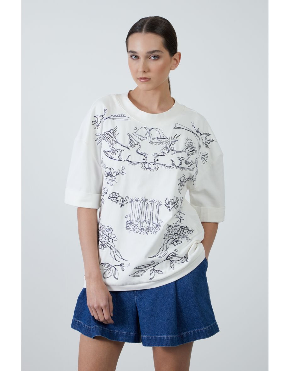 Ecru T-shirt with Bird Print