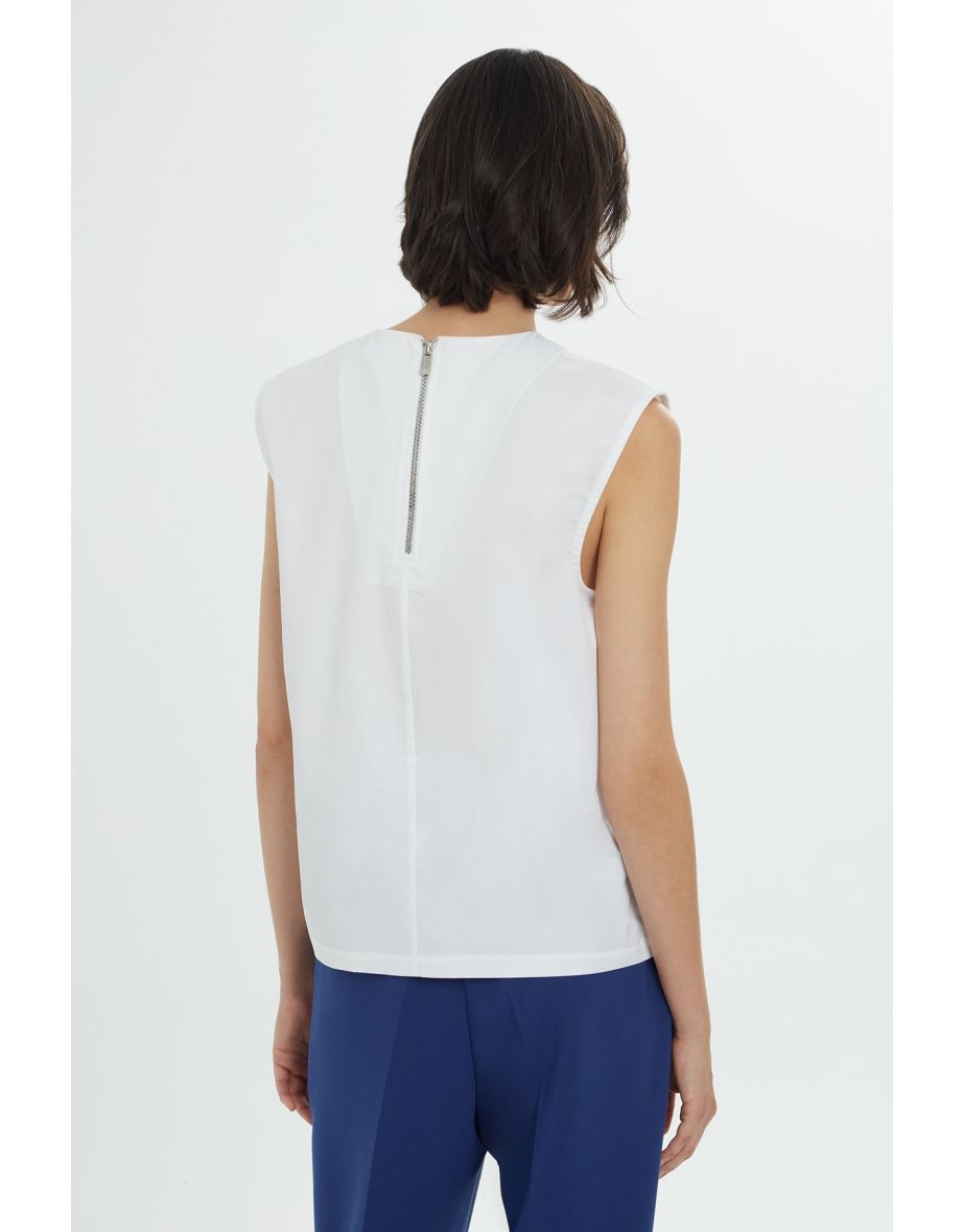 White Blouse with Pleated Panel Details and Back Zipper Closure - 3
