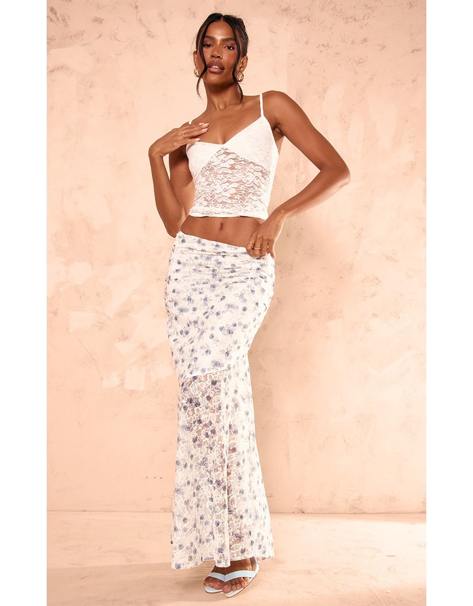 Shop Dusty Blue Floral Printed Lace Frill Hem Maxi Skirt Online in Oman VogaCloset