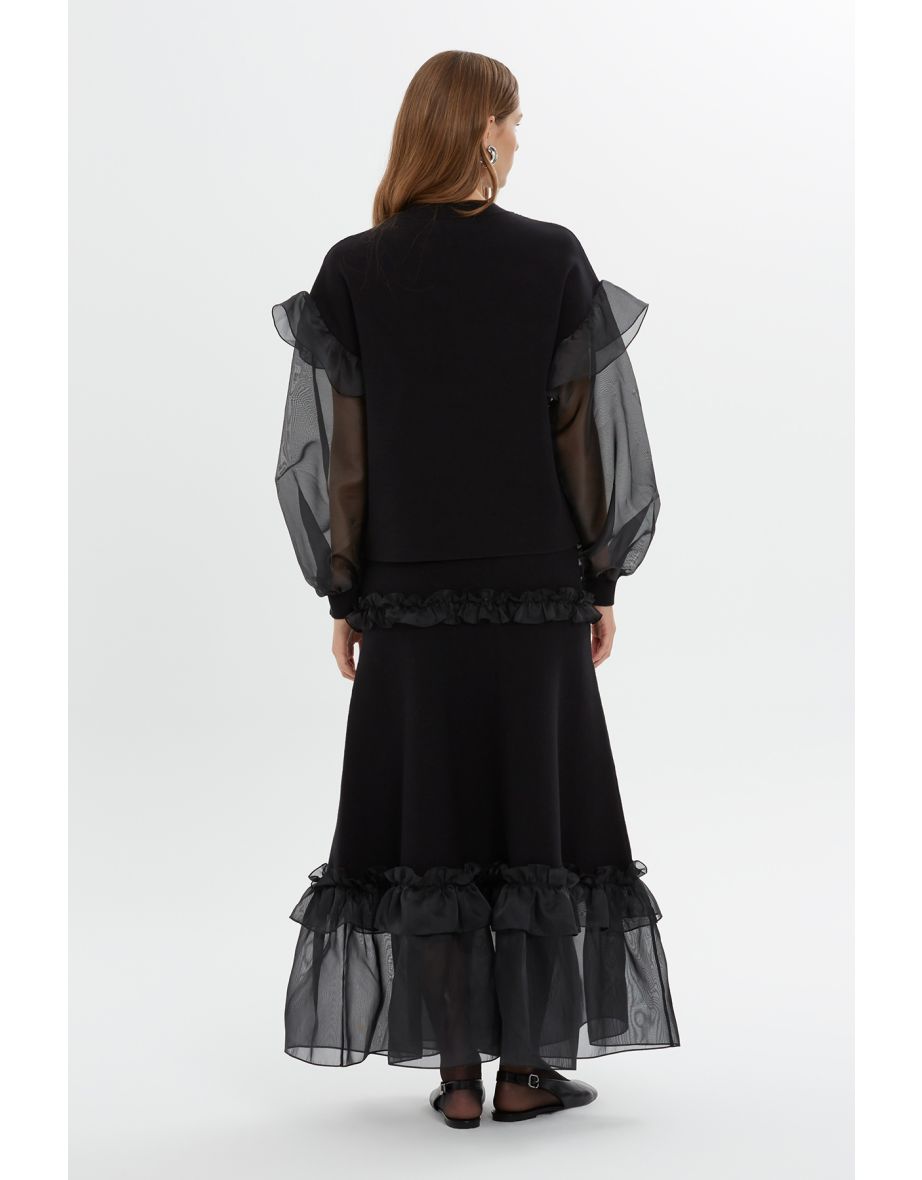Organza Sleeve Detail Black Knit Blouse - 4
