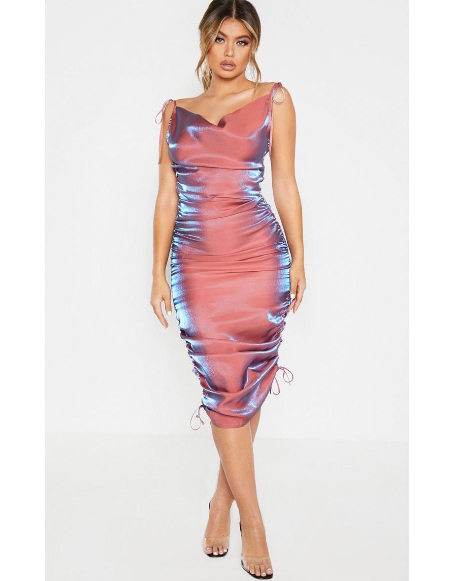 Magenta Cowl Neck Satin Midi Dress - Dresses from Yumi UK