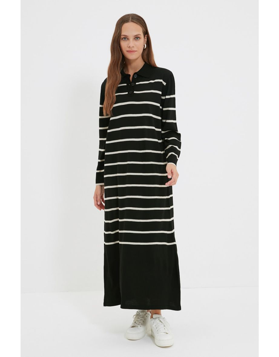 Black Polo Neck Striped Sweater Dress