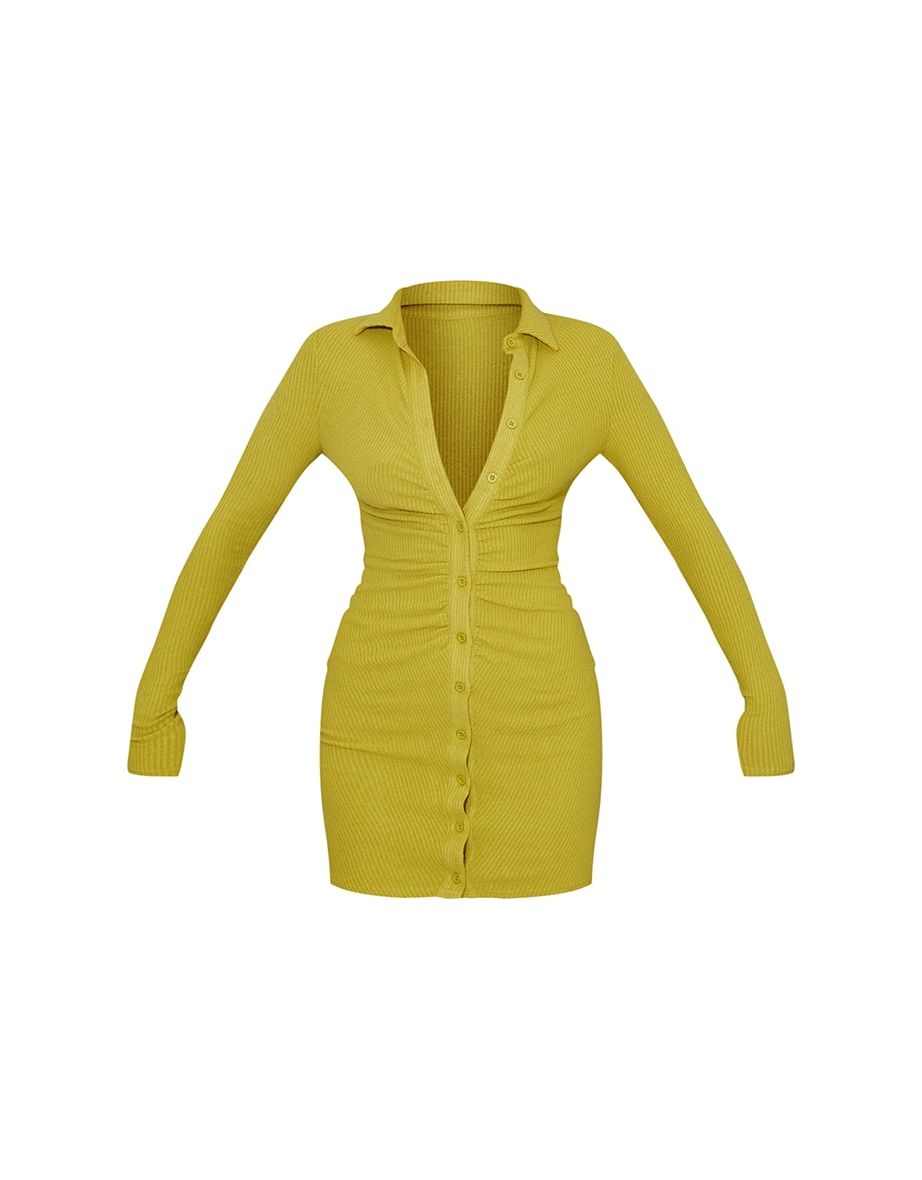 Chartreuse Brushed Rib Long Sleeve Ruched Shirt Dress - 4