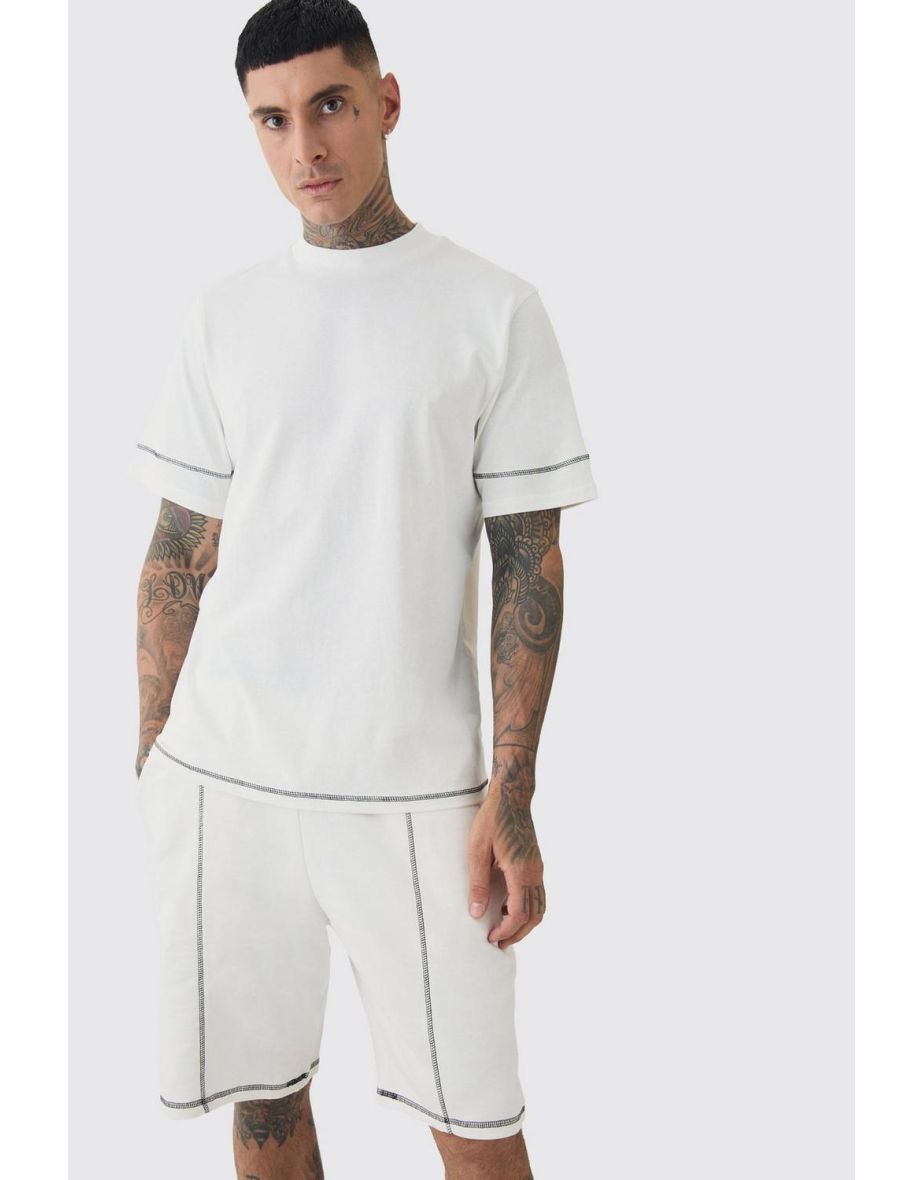Tall Oversized Extended Contrast Stitch T-shirt & Short Set - stone - 2