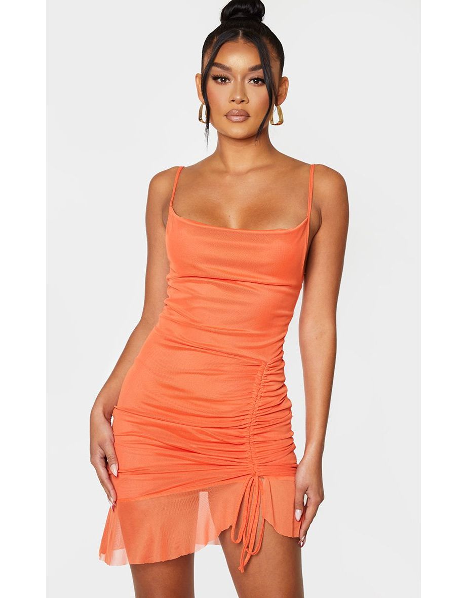 Orange ruched shop bodycon dress