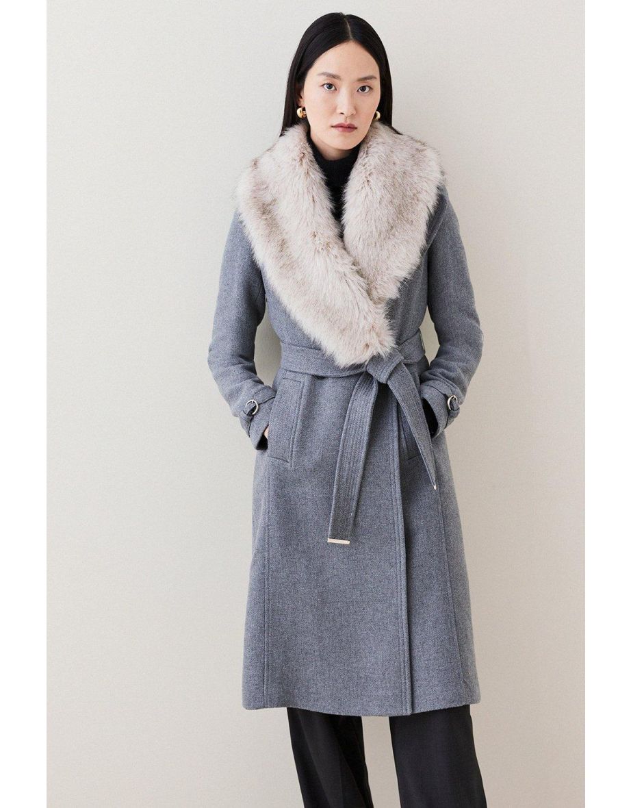 Italian Wool Cashmere Mix Faux Fur Collared Belted Coat