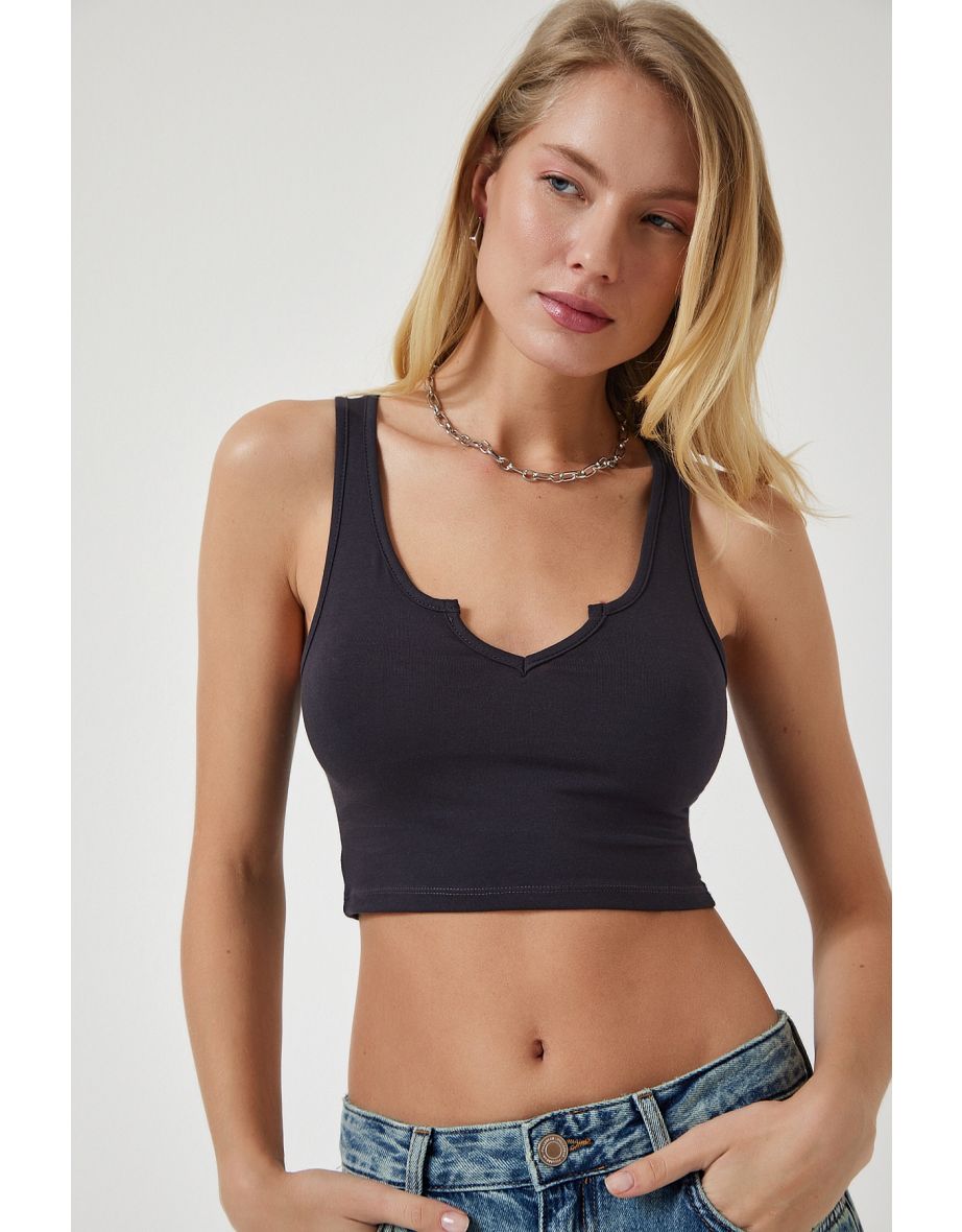 Women's Anthracite Strap Crop Knitted Blouse