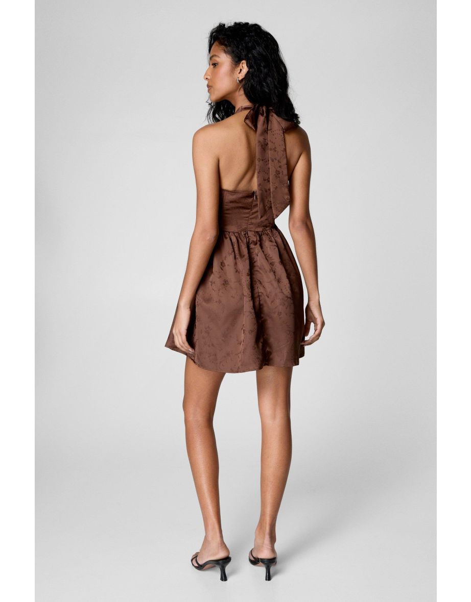 Satin Floral Jacquard Halter Neck Boned Corset Mini Dress - 3