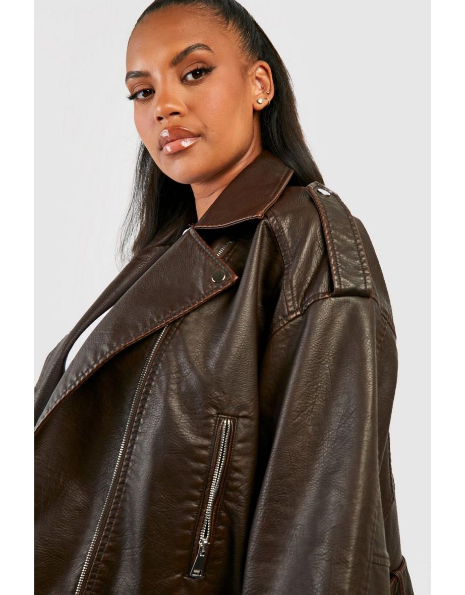 Plus Vintage Faux Leather Crop Biker Jacket - brown - 3
