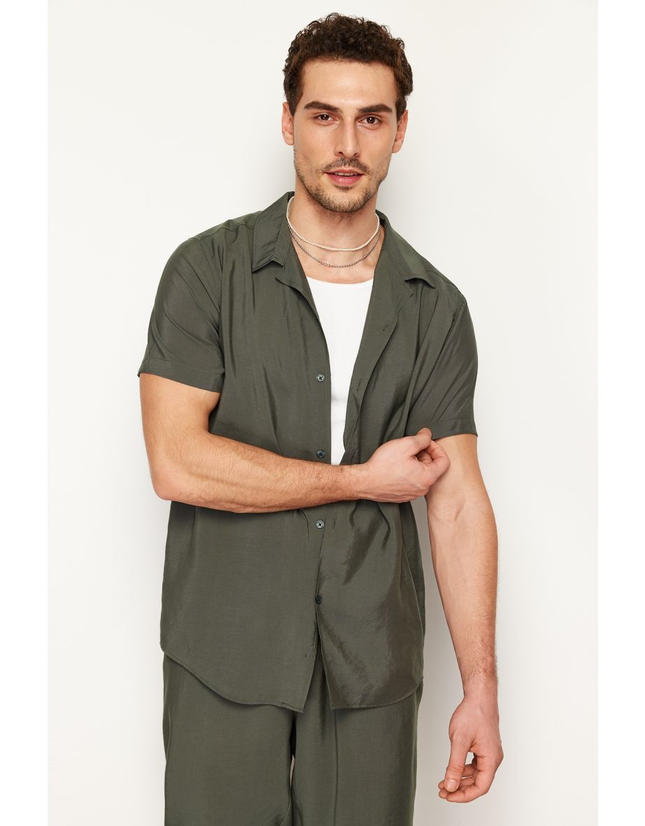 Men's Khaki Regular Fit Wide Collar 100% Modal Shirt