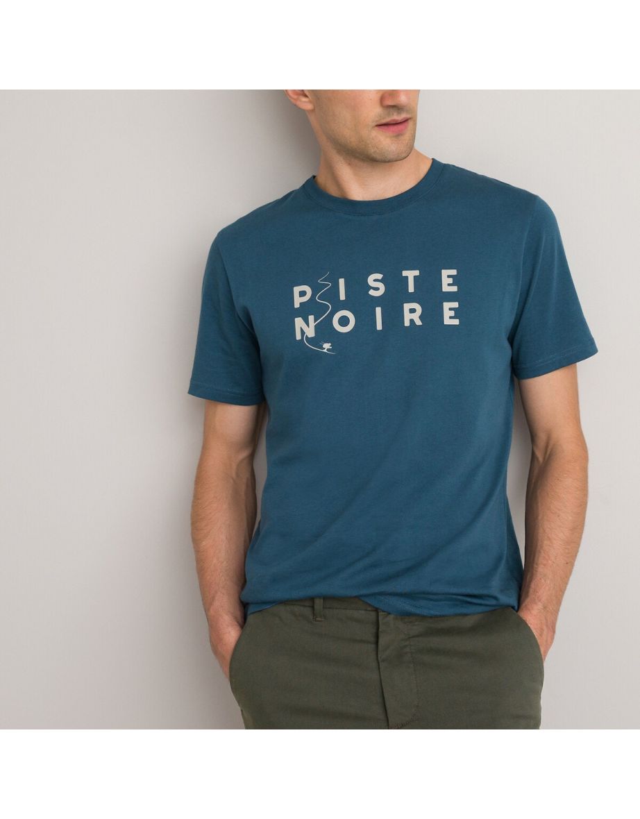 Slogan print t-shirt with crew neck, blue/grey, La Redoute Collections