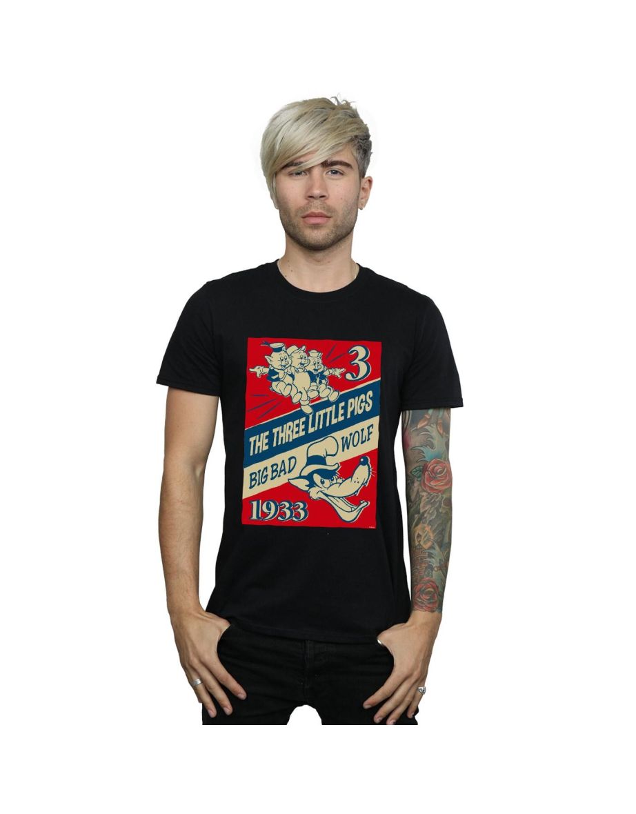 Disney Mens Three Little Pigs And The Big Bad Wolf T-Shirt - Black