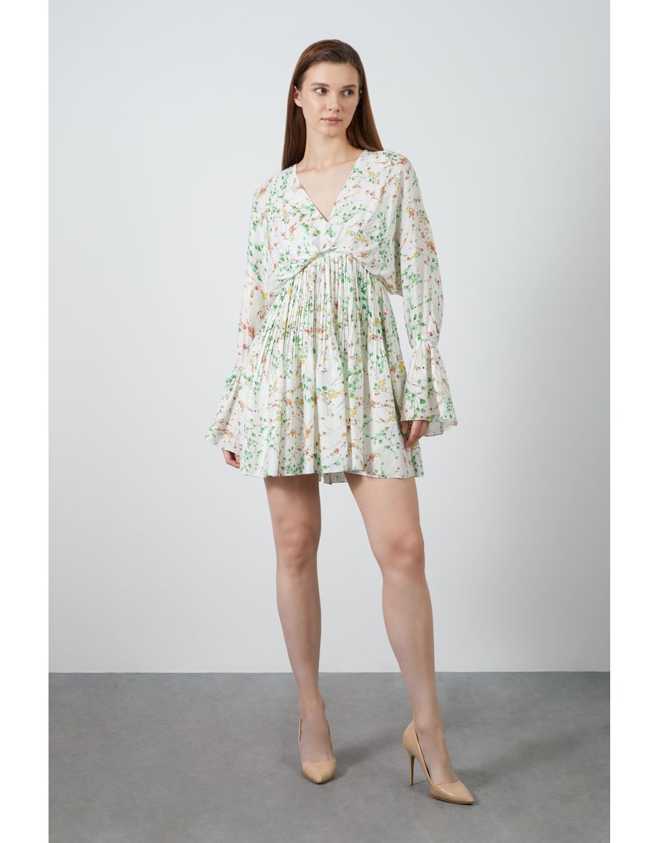 Ecru V-Neck Long Sleeve Dress with Floral Pattern