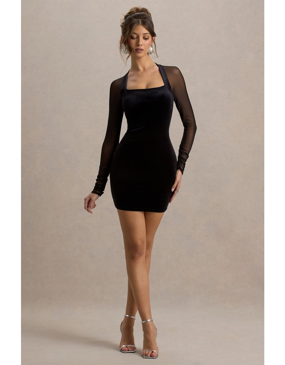 Off-Piste | Black Velvet Bodycon Mini Dress With Sheer Sleeves