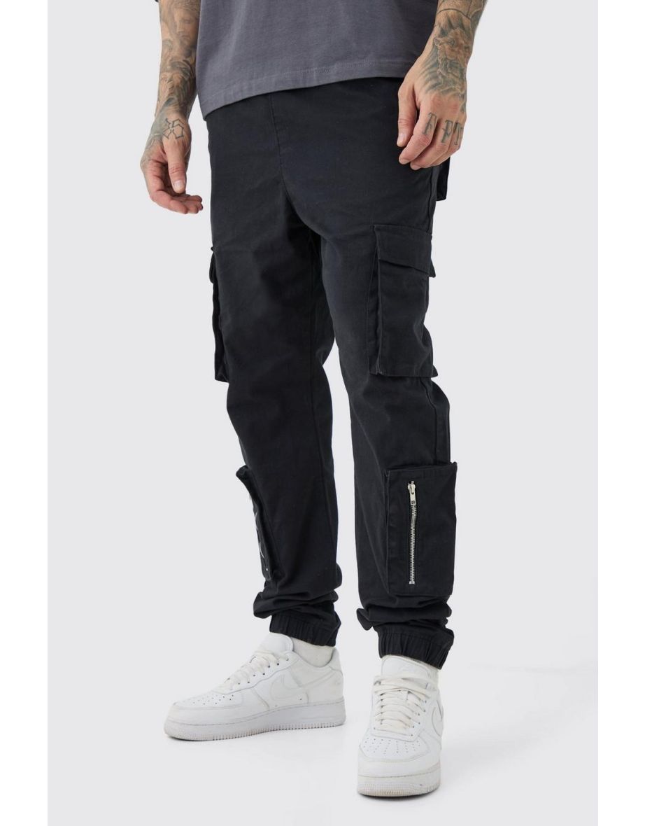 Tall Multi Cargo Pocket Cuffed Trousers - black