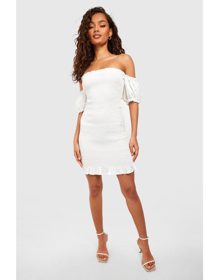 Shirred Off The Shoulder Chambray Mini Dress - white - 3