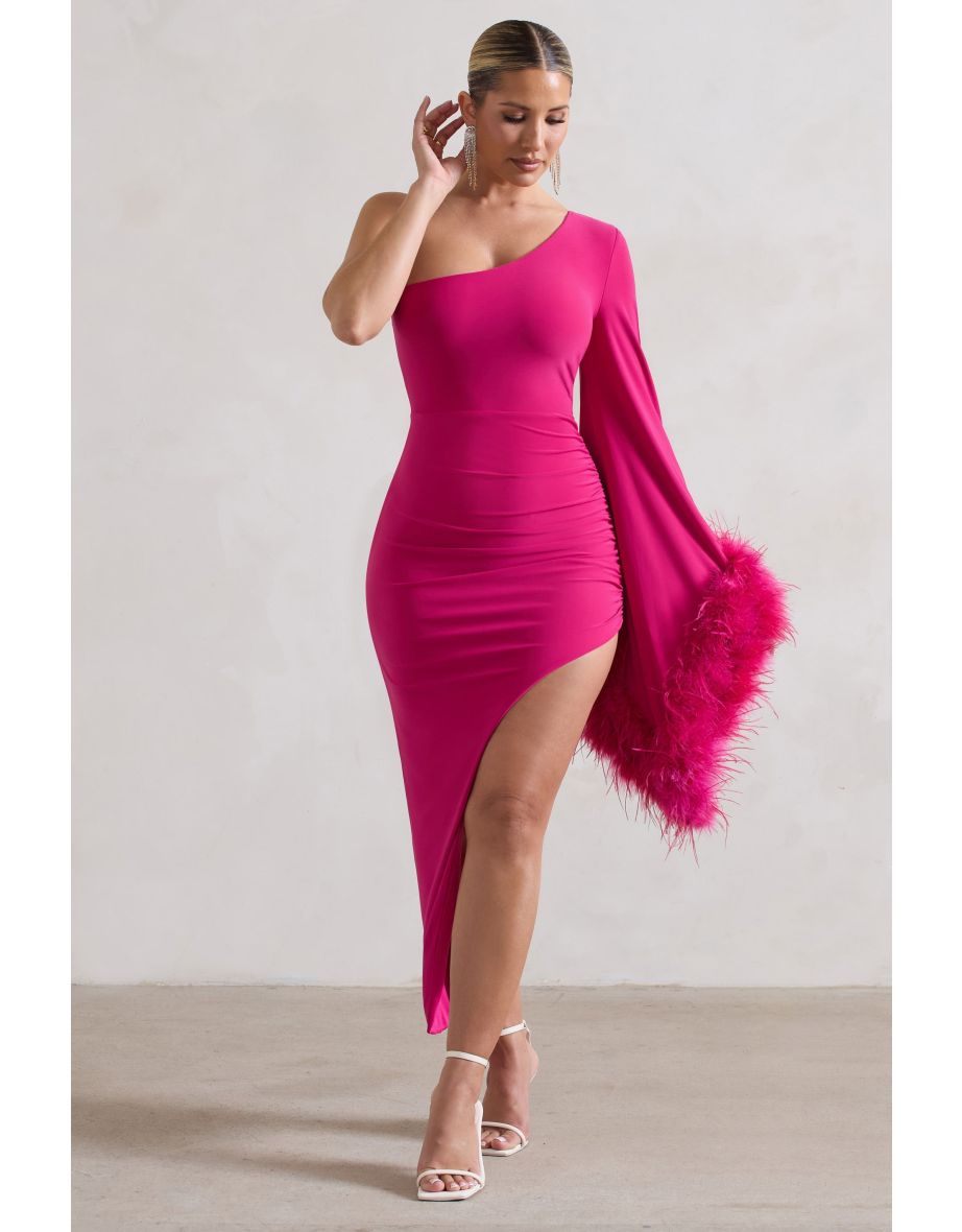 July | Dark Pink Asymmetric Cape Sleeve Maxi Dress With Feathers