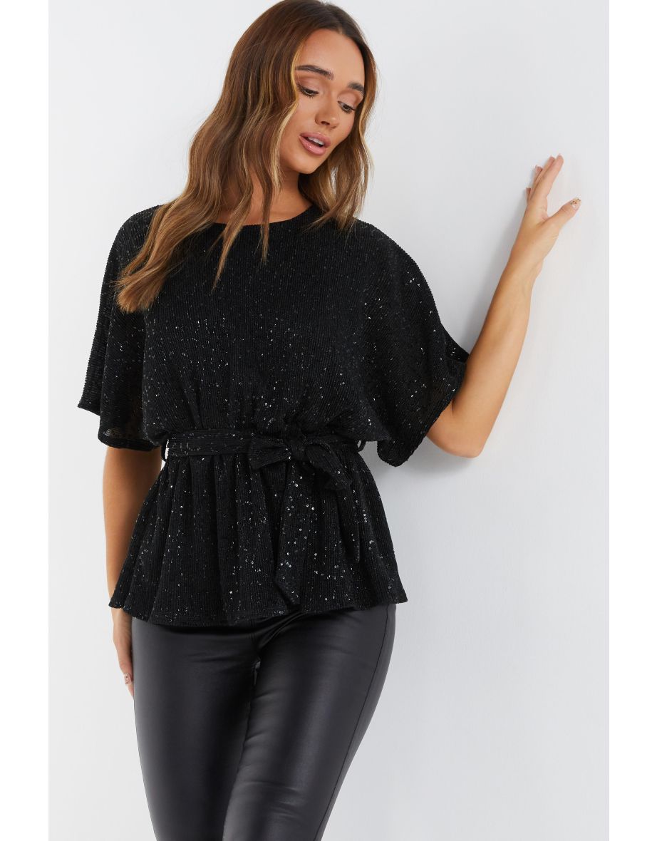 Shop Black Sequin Batwing Peplum Top Online in Oman VogaCloset