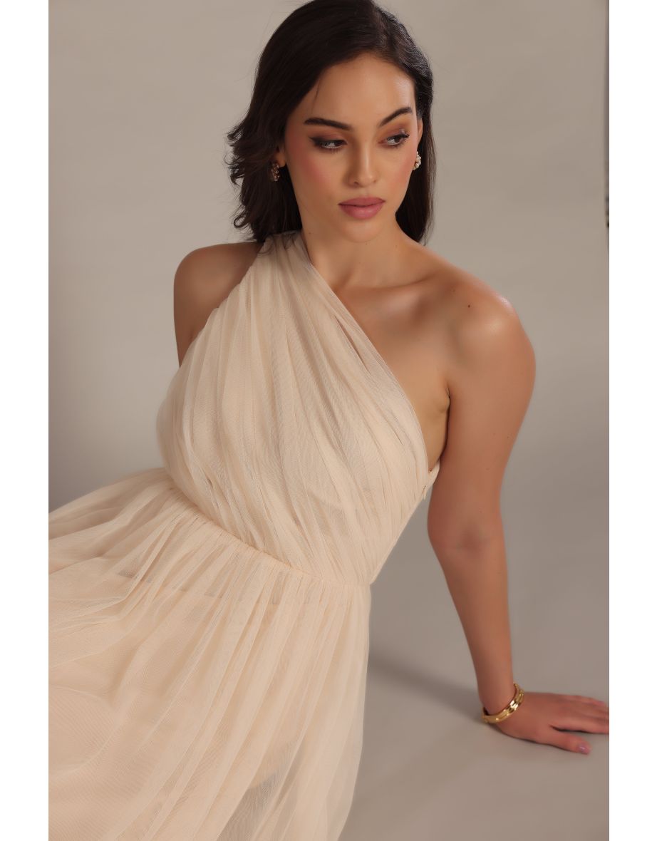 Nicolette One Shoulder Maxi Dress in Champagne - 4
