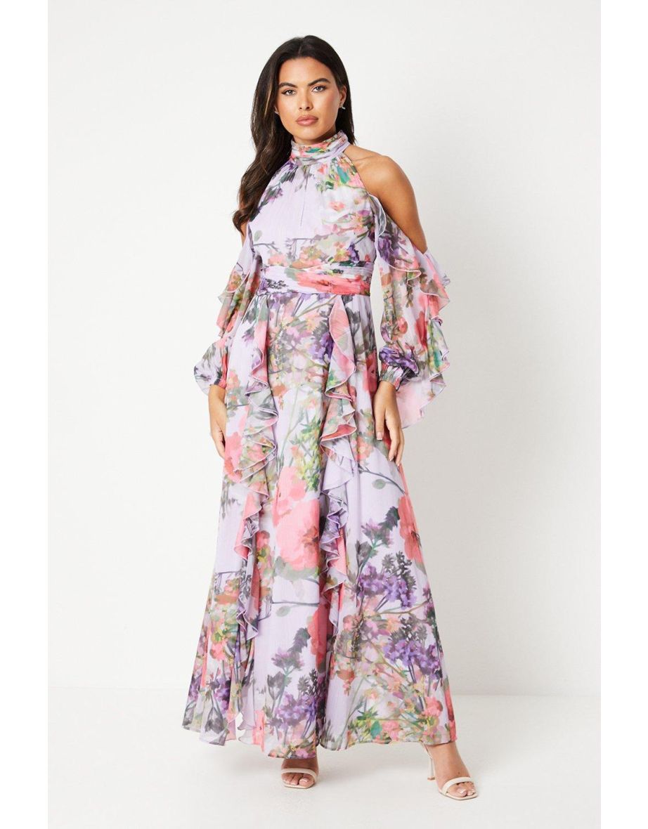 Shop Printed High Neck Open Shoulder Blouson Sleeve Maxi Dress Online in Iraq VogaCloset