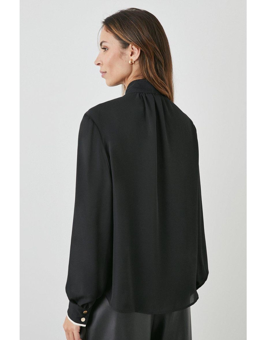 Contrast Long Sleeve Bow Blouse - black - 3