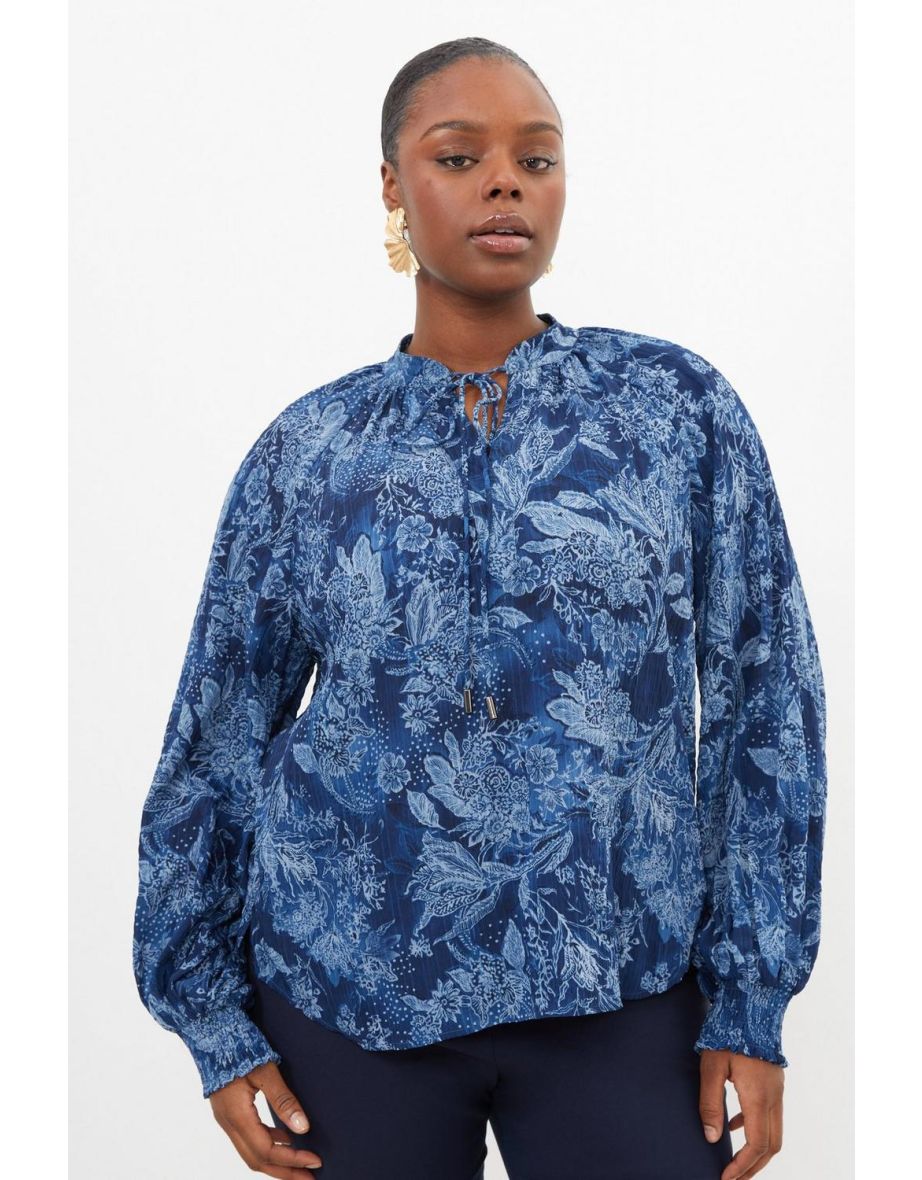 Plus Size Top Stitch Floral Crinckle Cotton Woven Blouse