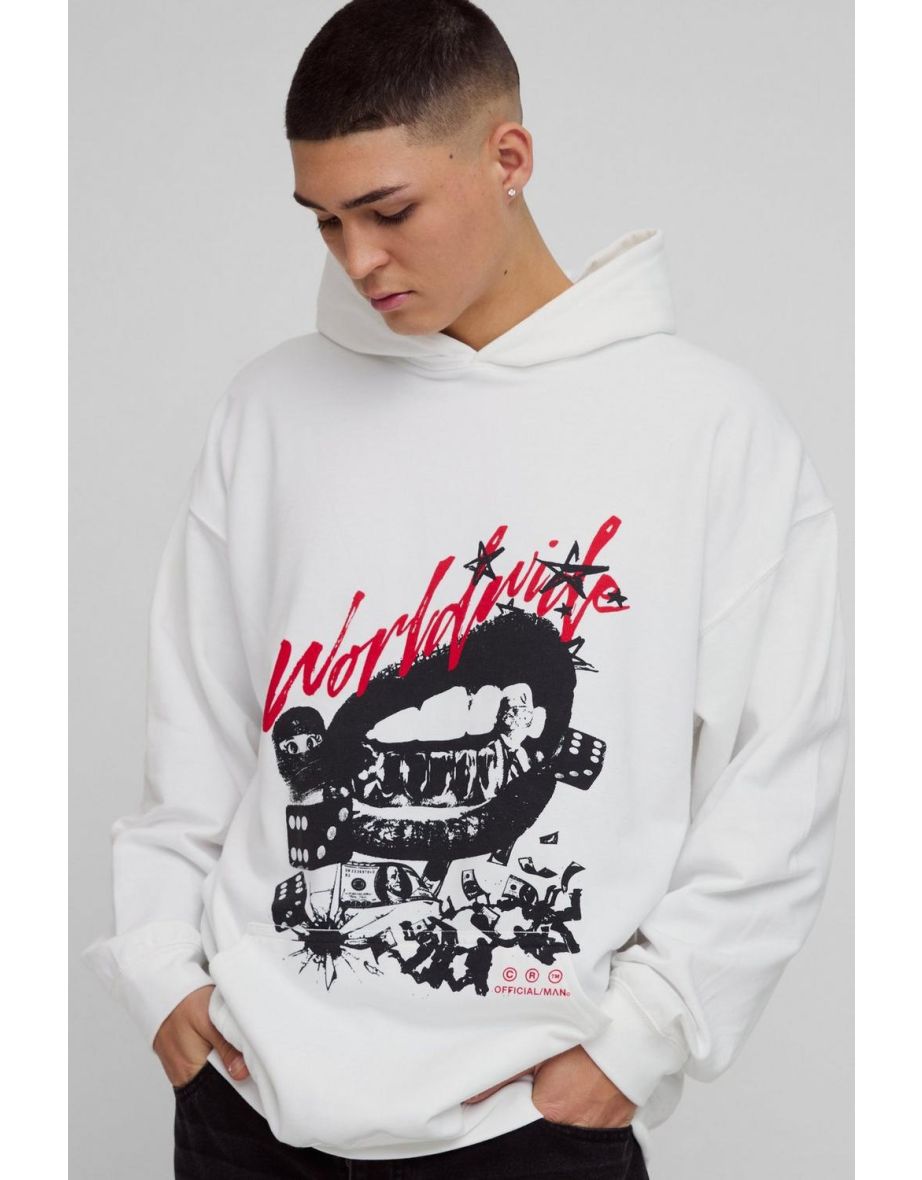 Oversized Worldwide Money Graphic Hoodie - white