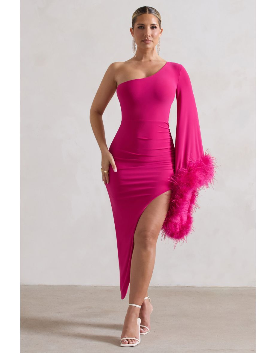 July | Dark Pink Asymmetric Cape Sleeve Maxi Dress With Feathers - 4