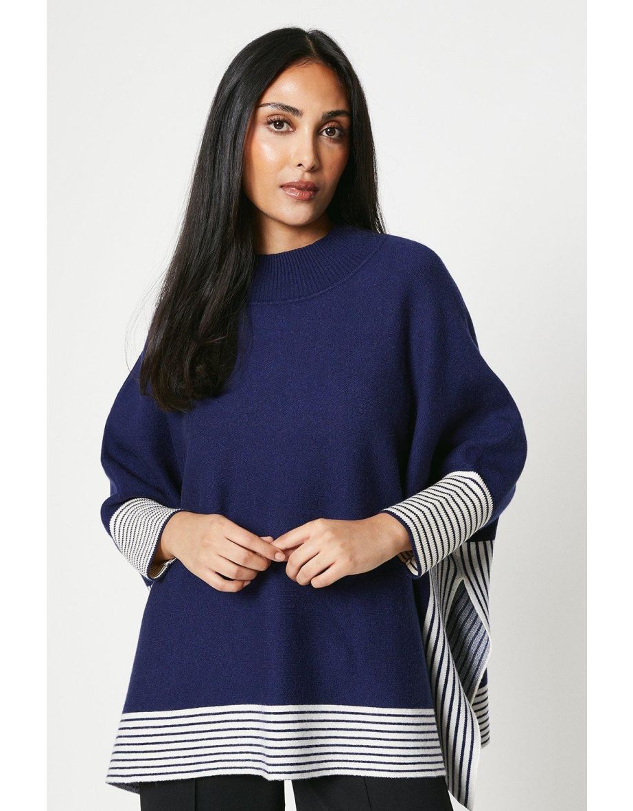 Petite Oversized Poncho Jumper With Contrast Stripe