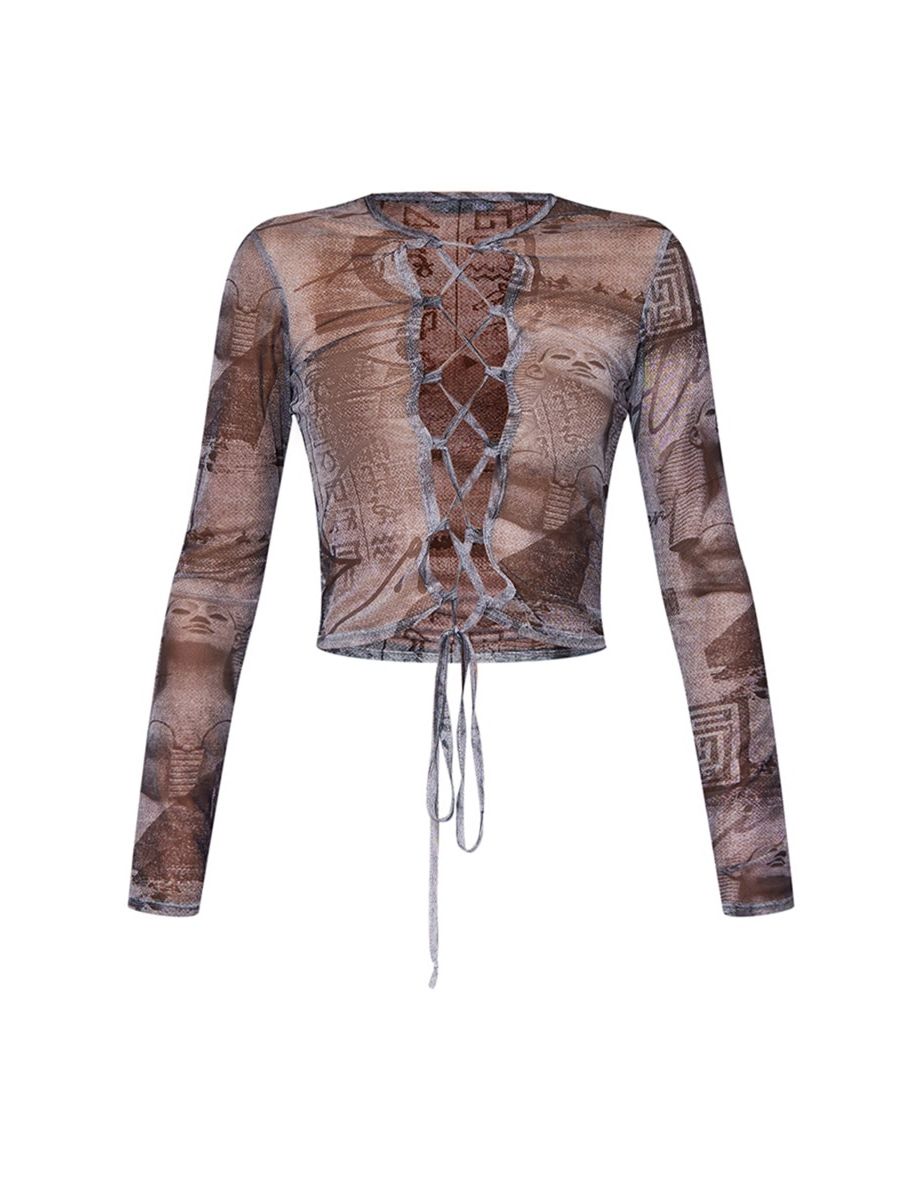 Tall Black Grunge Texture Print Lace Up Front Top - 4