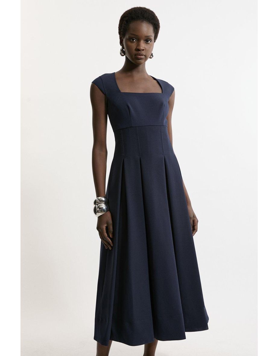 Petite Compact Stretch Clean Tailored Square Neck Full Skirted Midaxi Dress