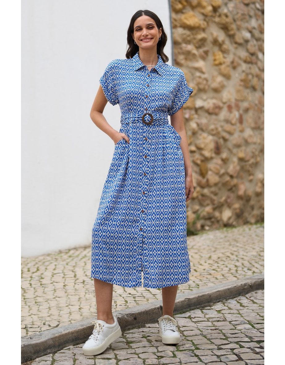 Yumi Blue Viscose Midi Shirt Dress With Matching Belt - 4