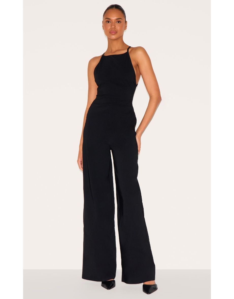 Black Stretch Woven Square Neck Wide Leg Jumpsuit