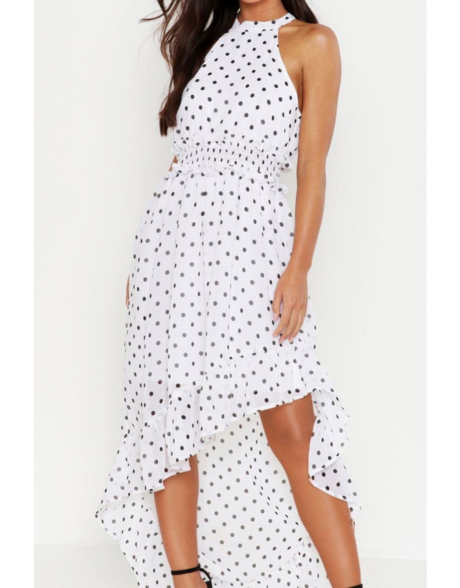 Petite Polka Dot High Neck Shirred Waist Maxi Dress - white - 3