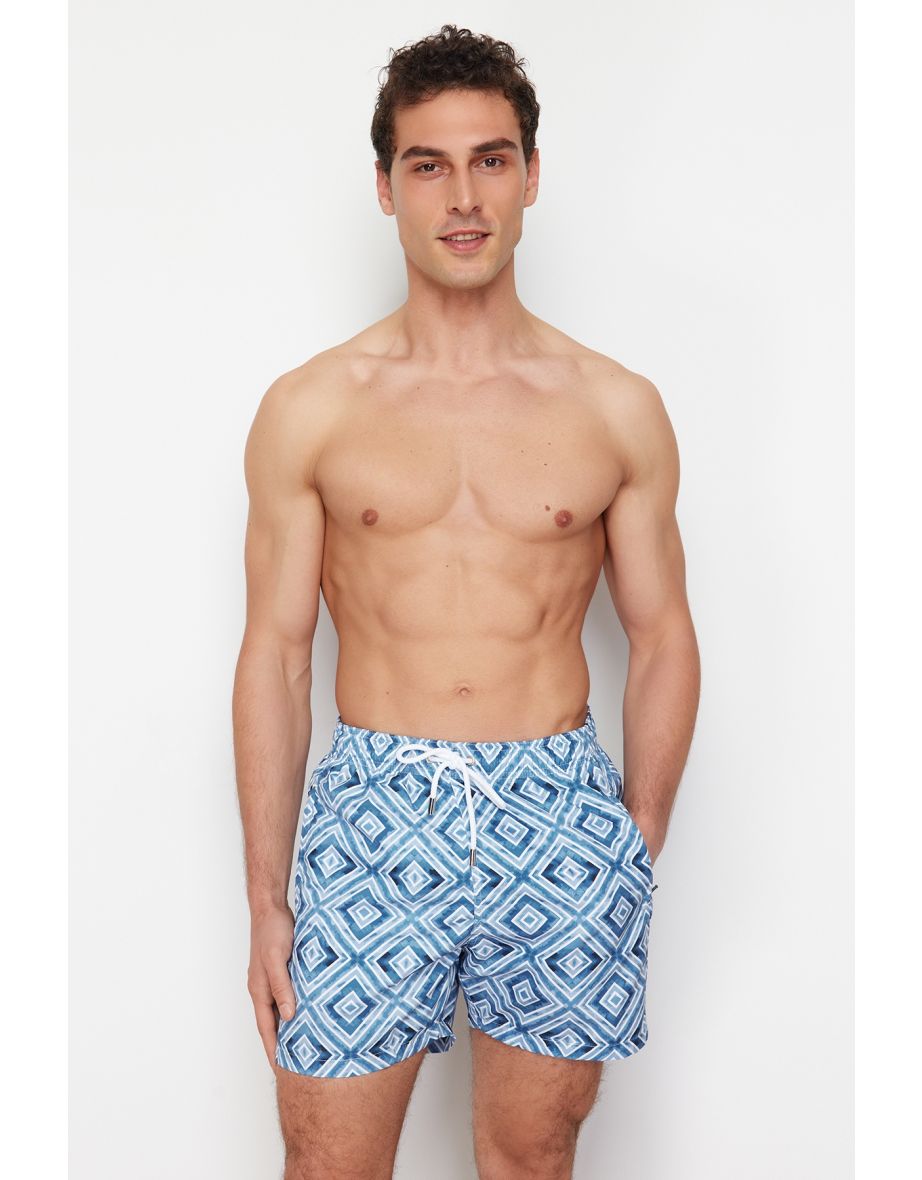Gray Standard Size Geometric Print Swim Shorts - 6