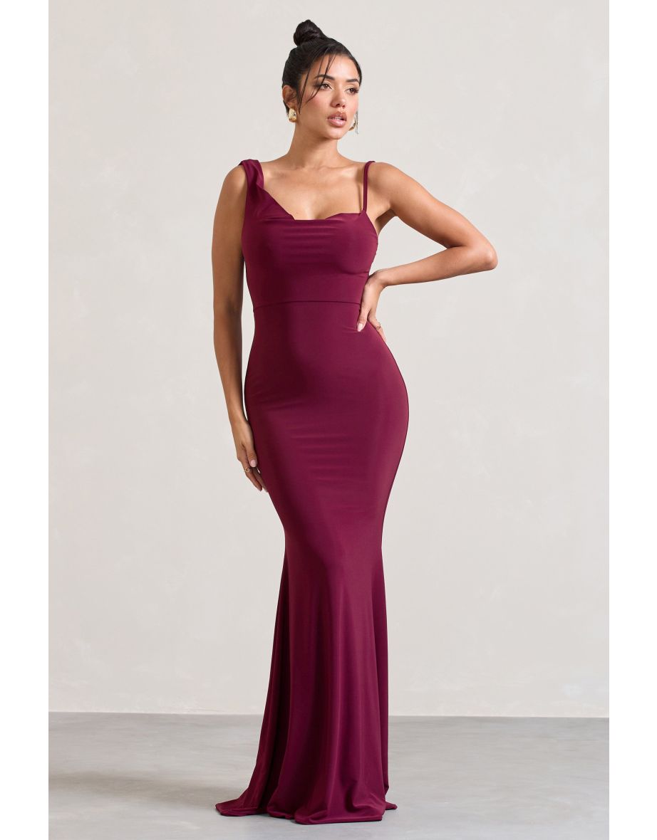 Phantasy | Burgundy Asymmetric Neckline Cowl Maxi Dress - 4