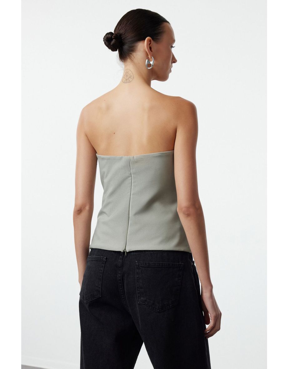 Light Khaki Strapless Fitted Draped Woven Blouse - 4