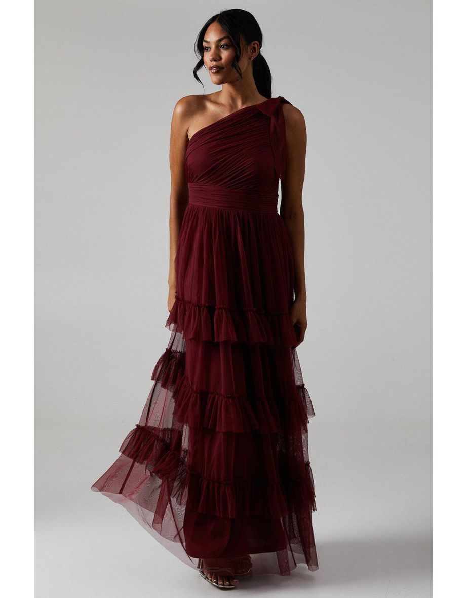 Pleated Mesh One Shoulder Tiered Bridesmaids Dress