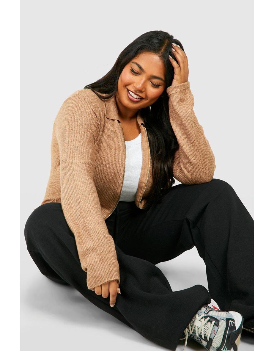 Plus Collared Soft Knit Zip Cardigan - taupe - 3