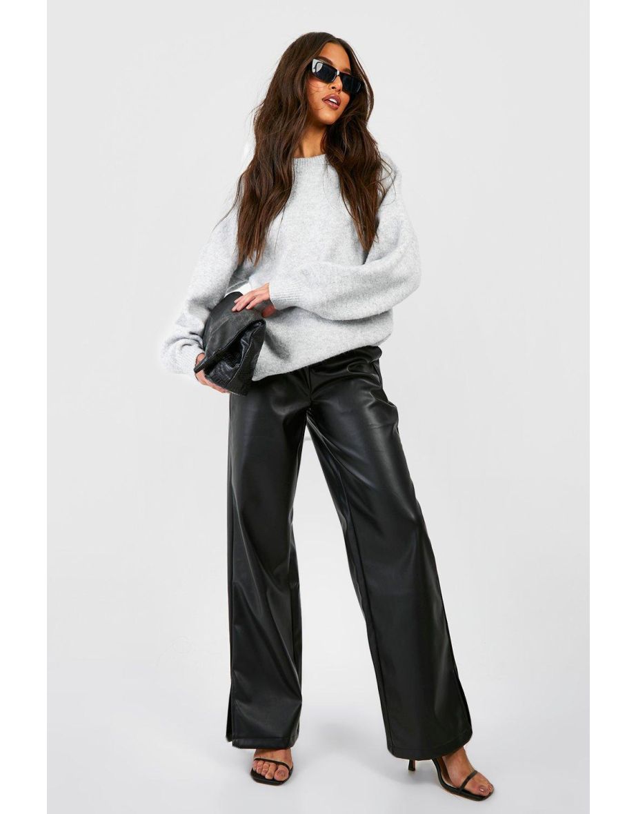 Leather Look High Waisted Split Hem Trousers - black