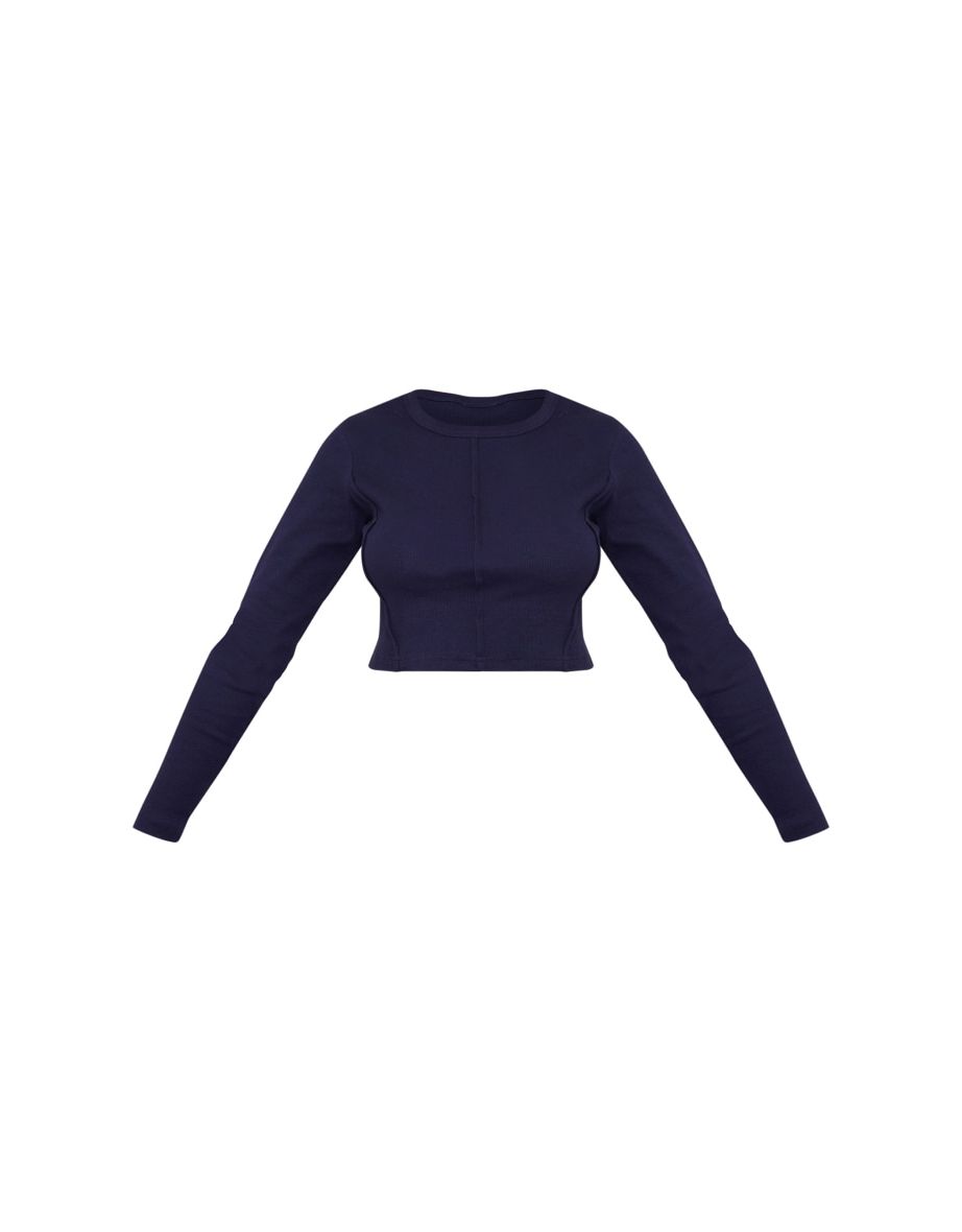Tall Blue Soft Rib Open Seam Detail Long Sleeve Top - 4