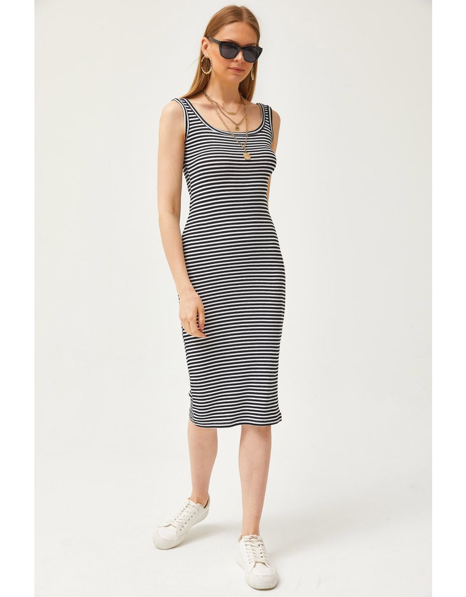 Women's Striped Black Thick Strap Lycra Midi Dress