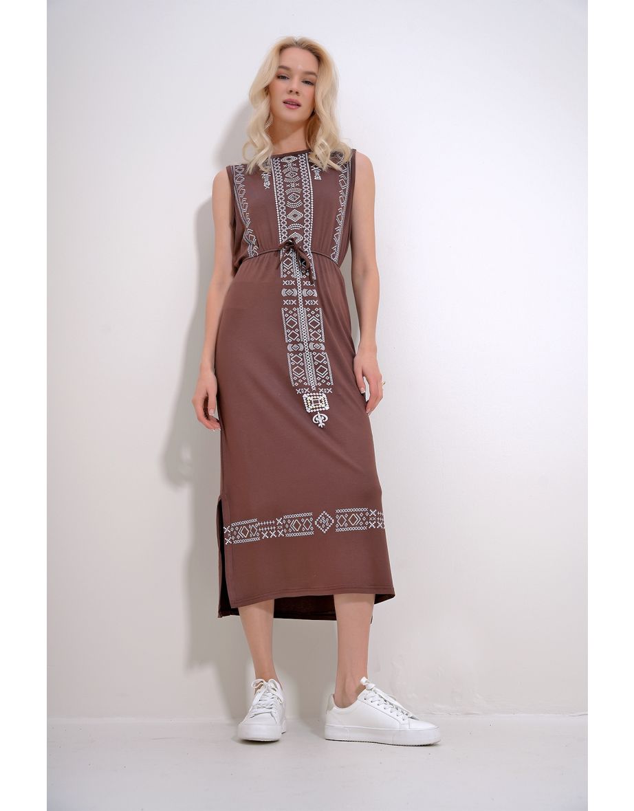 Women's Brown Embroidery Printed Bohemian Dress - 4