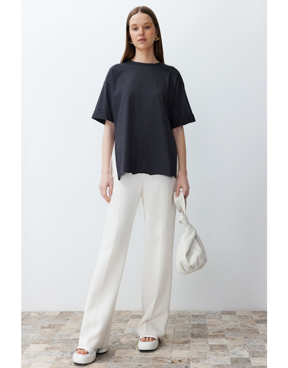 Anthracite 100% Cotton Double Sleeve Asymmetric Boyfriend Knitted T-Shirt