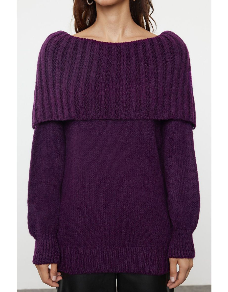 Plum Soft Texture Cowl Neck Knitwear Sweater - 4