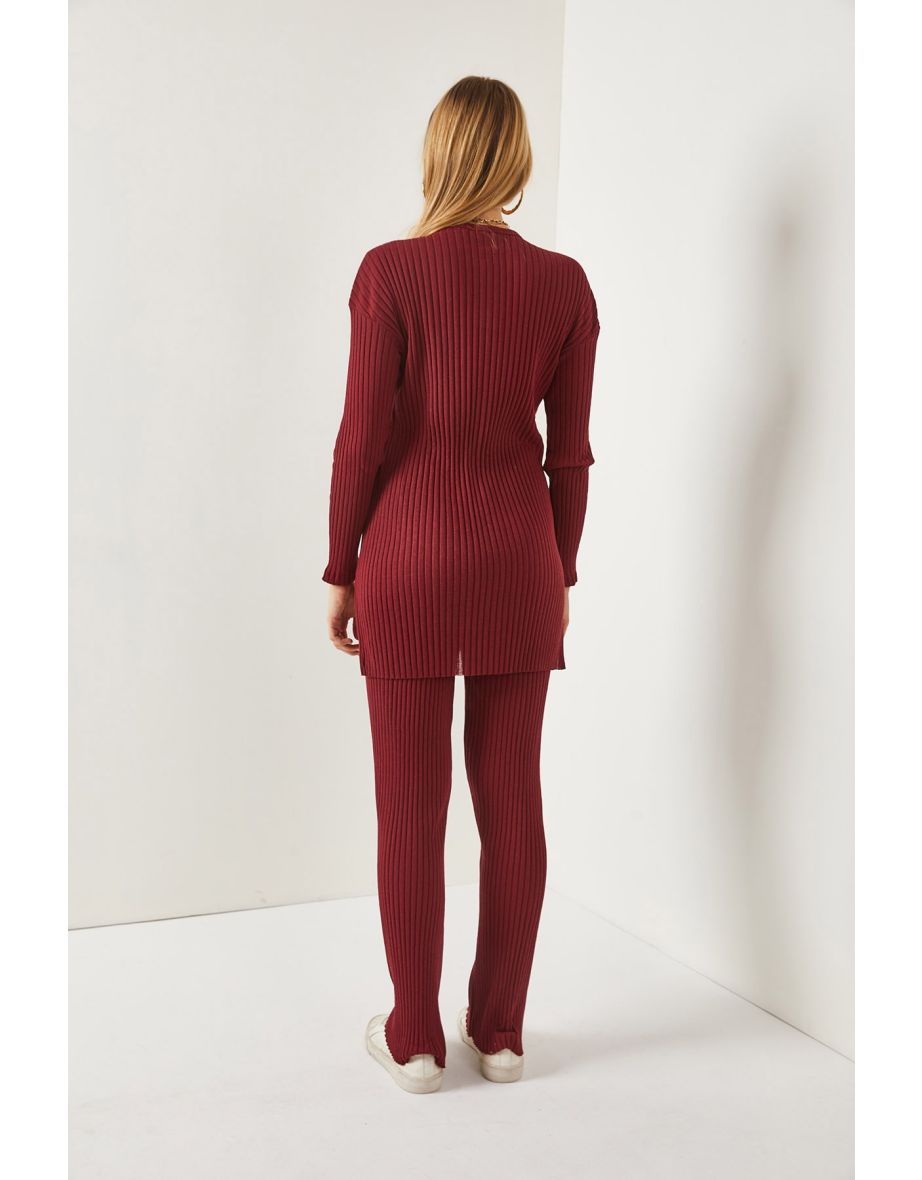 Women's Claret Red Top Slit Blouse Bottom Palazzo Corduroy Suit - 5