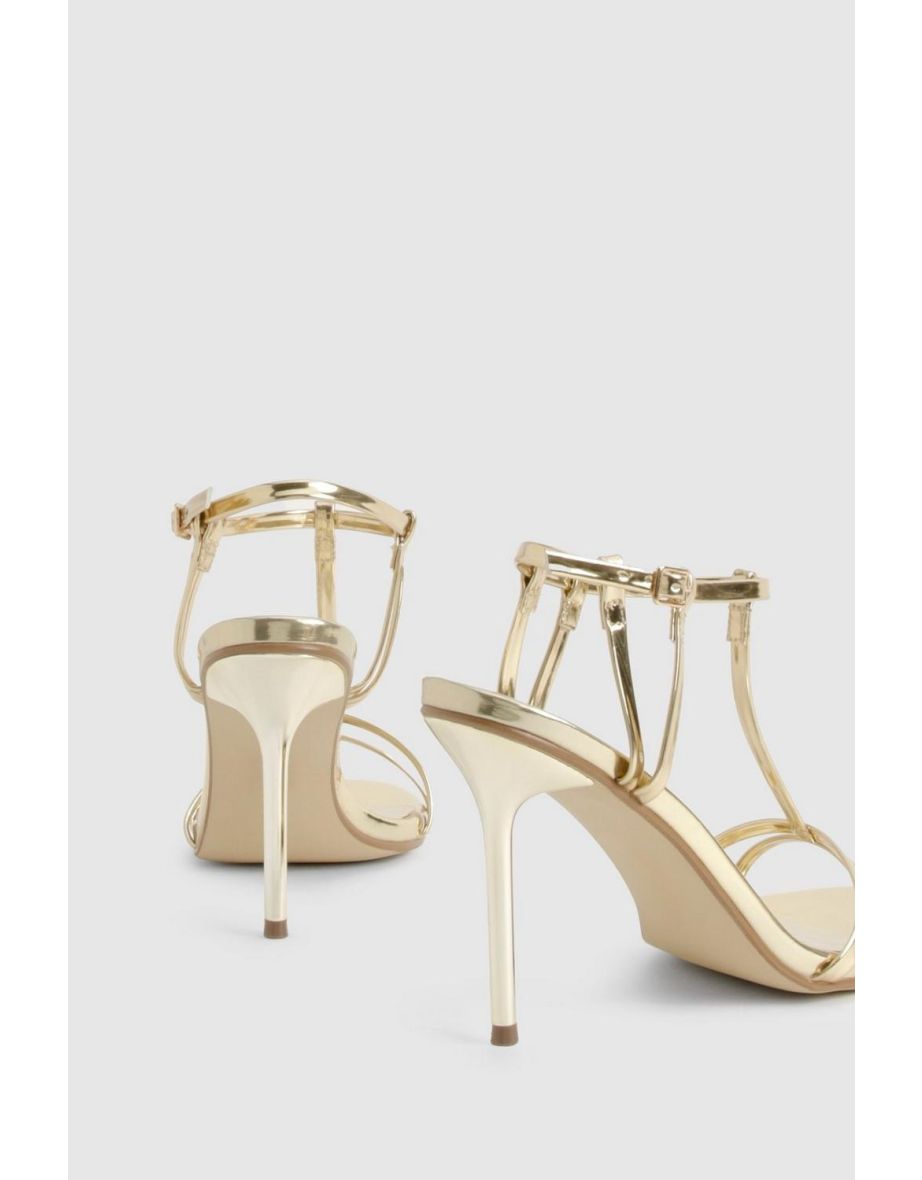 Metallic Strappy T Bar Detail Stiletto Heels - gold - 3