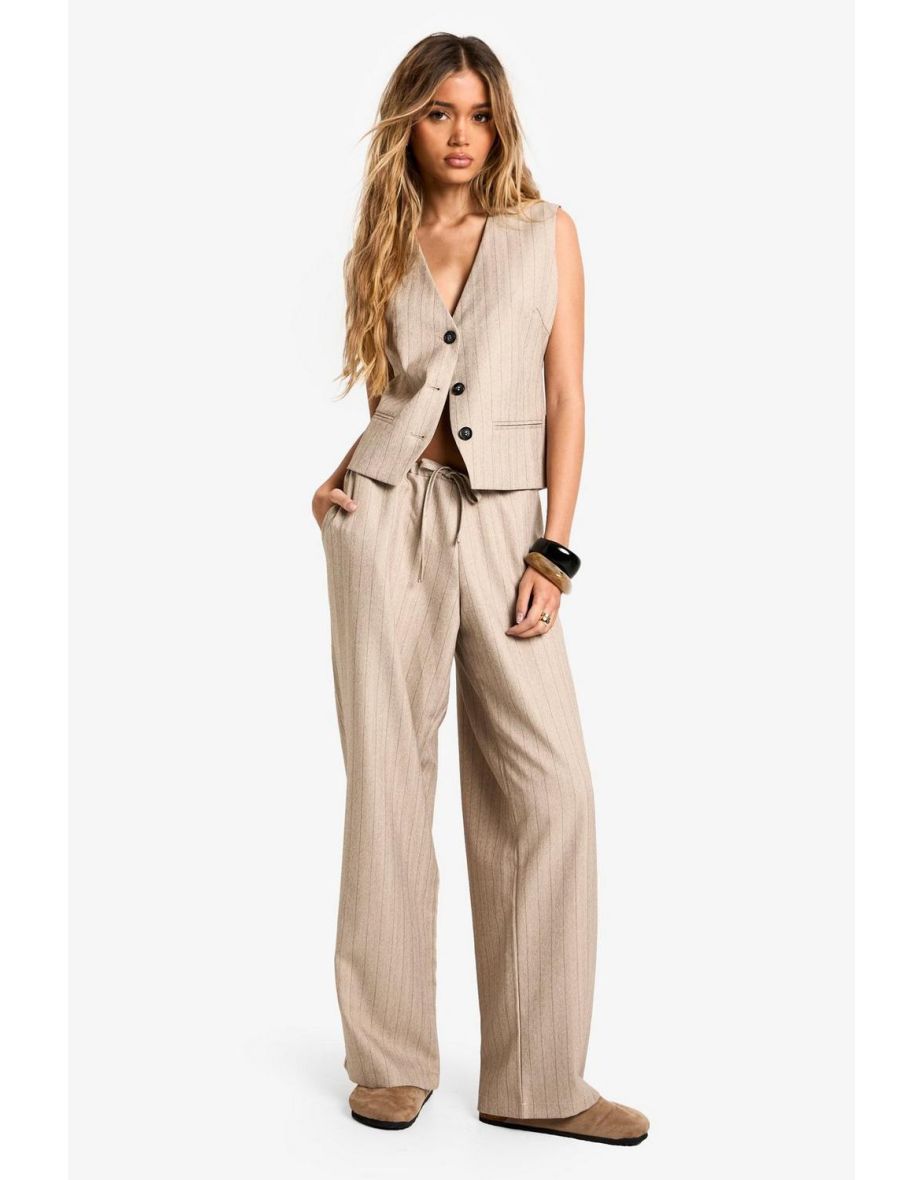 Pinstripe Tailored Wide Leg Trousers - beige