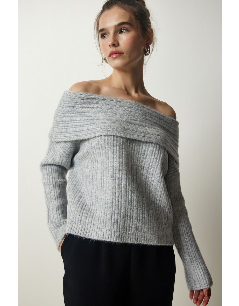 Women's Gray Madonna Collar Knitwear Sweater