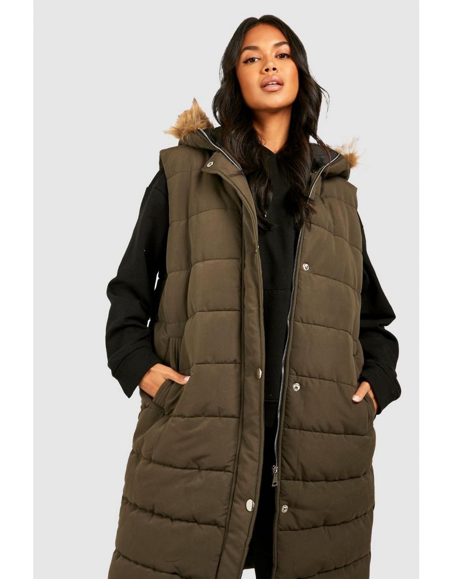 hooded faux fur longline puffer gilet